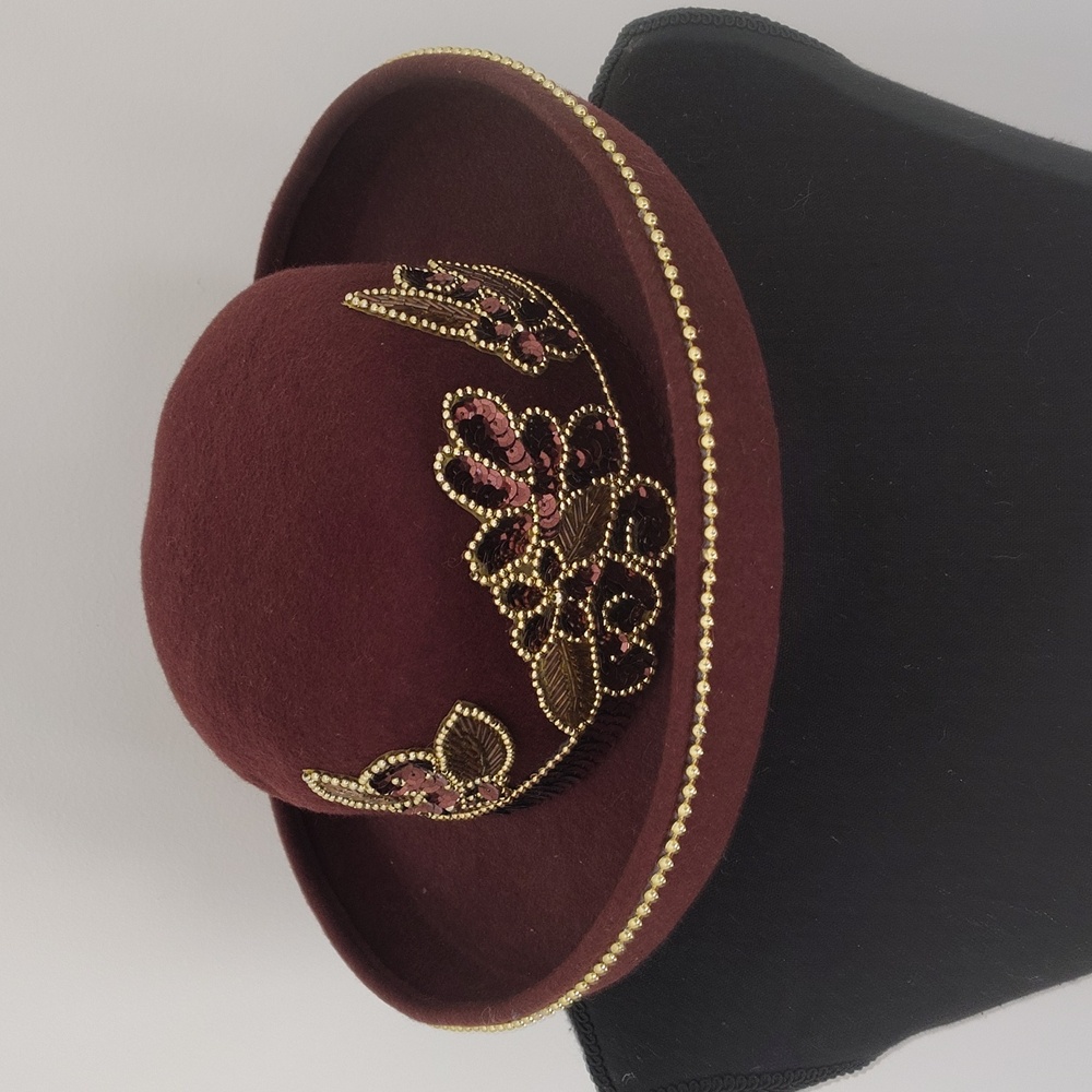 Vintage Deborah of New York Ladies Wool Hat Beaded Flowers Brown